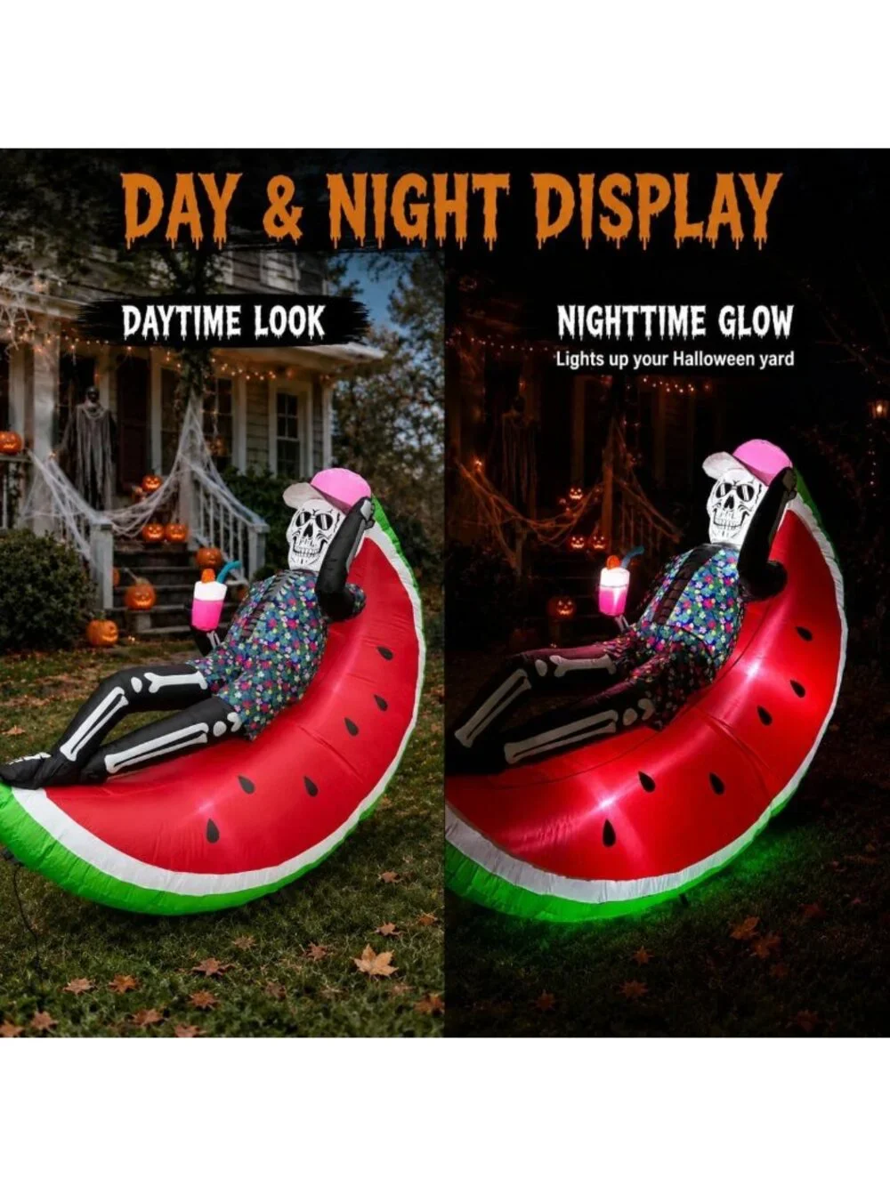 6.9FT Inflatable Skeleton on Watermelon, LED Halloween Yard Decor, Blow Up